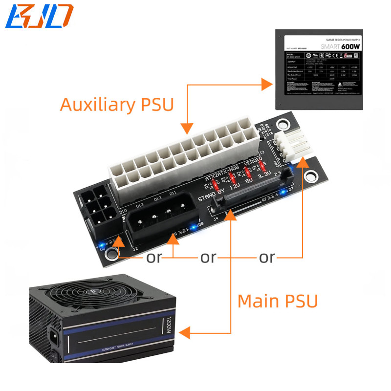 Multiple Power Supply Synchronous PSU Adapter Sync Starter Extender ATX 24PIN Molex SATA PCI-E 6Pin Small 4Pin Connector