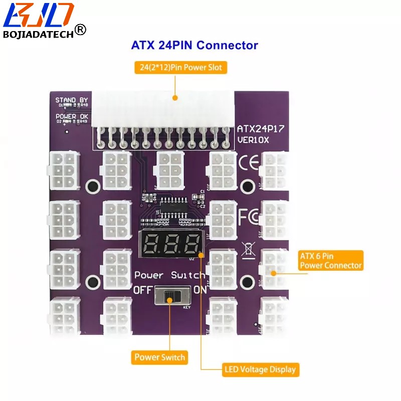 17 * PCI-E 6Pin Connector to ATX 24PIN Power Supply Breakout Board Support Max 800W PSU for Graphics Card