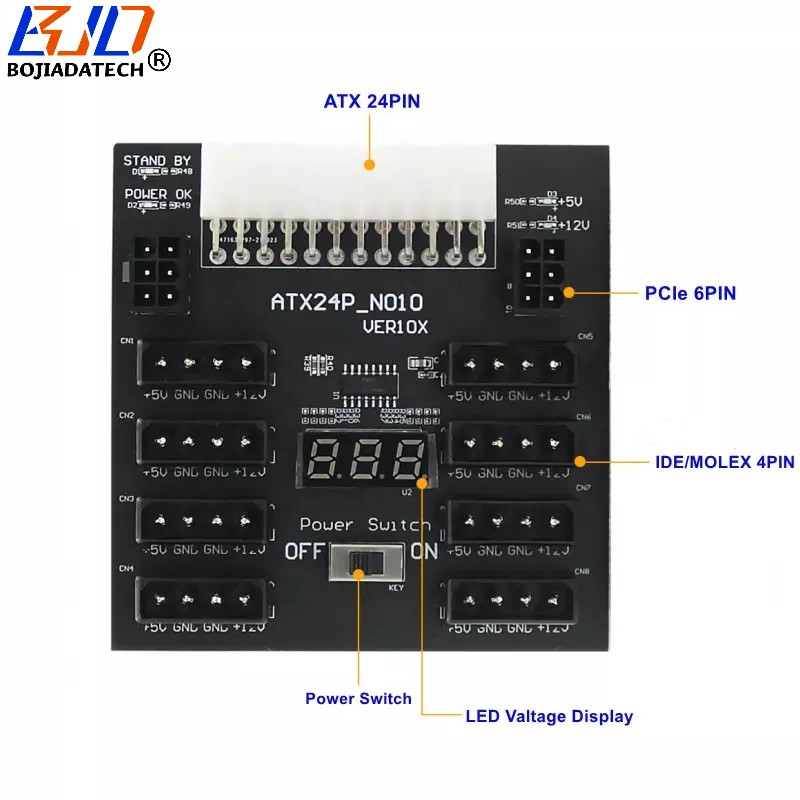 ATX 24PIN to 8 * IDE Molex 4Pin & 2 x PCIe 6Pin Connector PSU Breakout Board Max 800W Power Supply. for CHIA Device