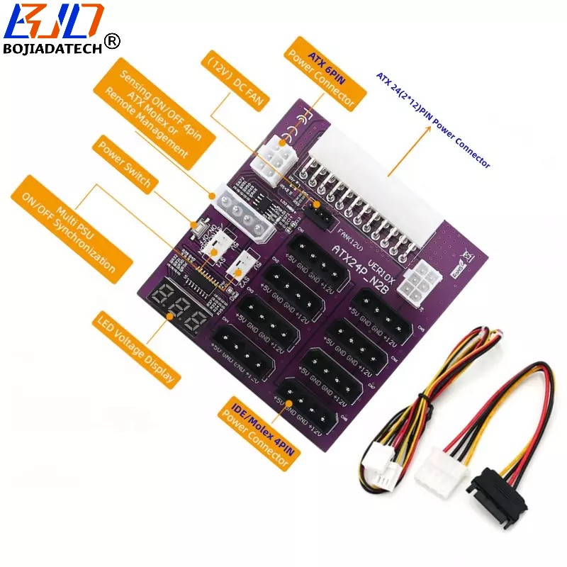 ATX 24Pin 24-Pin Power Supply Breakout Board Synchronization With 8 IDE Molex 4Pin and 2 ATX 6Pin Power Connector for CHIA Hard Disk